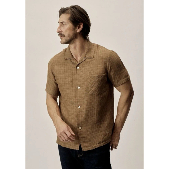 Buck Mason Breeze Cotton Linen Short Sleeve Camp Shirt Khaki Plaid Men’s Size M - Picture 1 of 8
